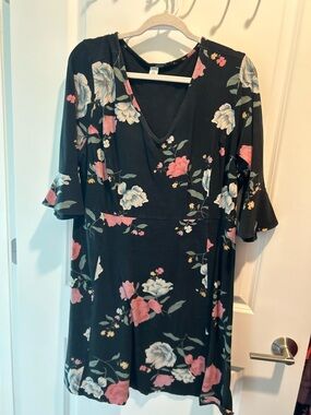 Old Navy Black Floral V-Neck Mini Dress with Pink & White Blooms